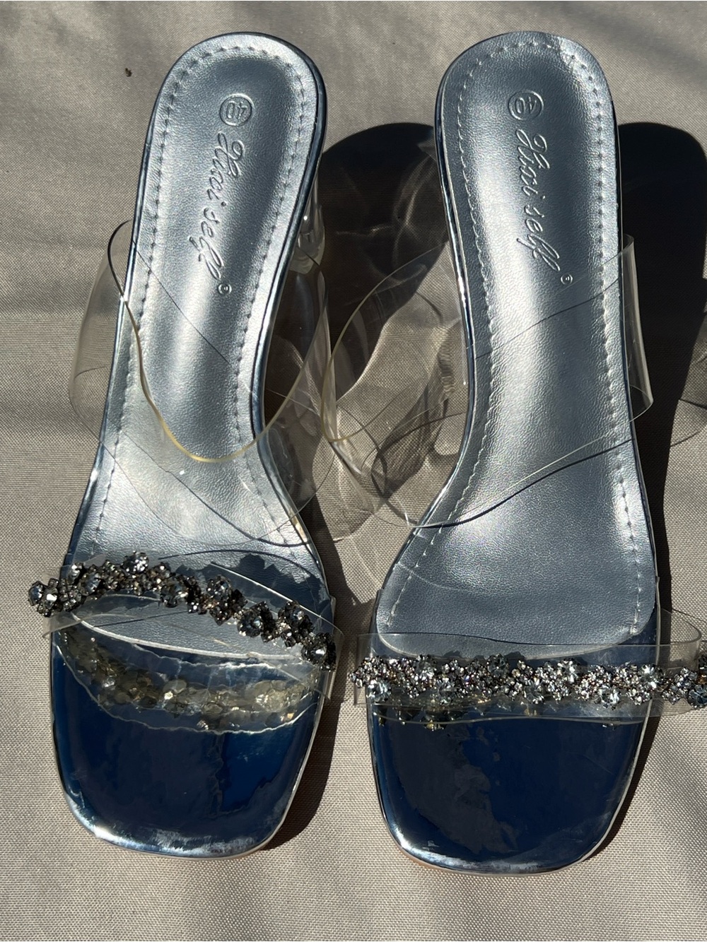 Clear Strap Blue Metallic Slide Sandals with Crystal Accent